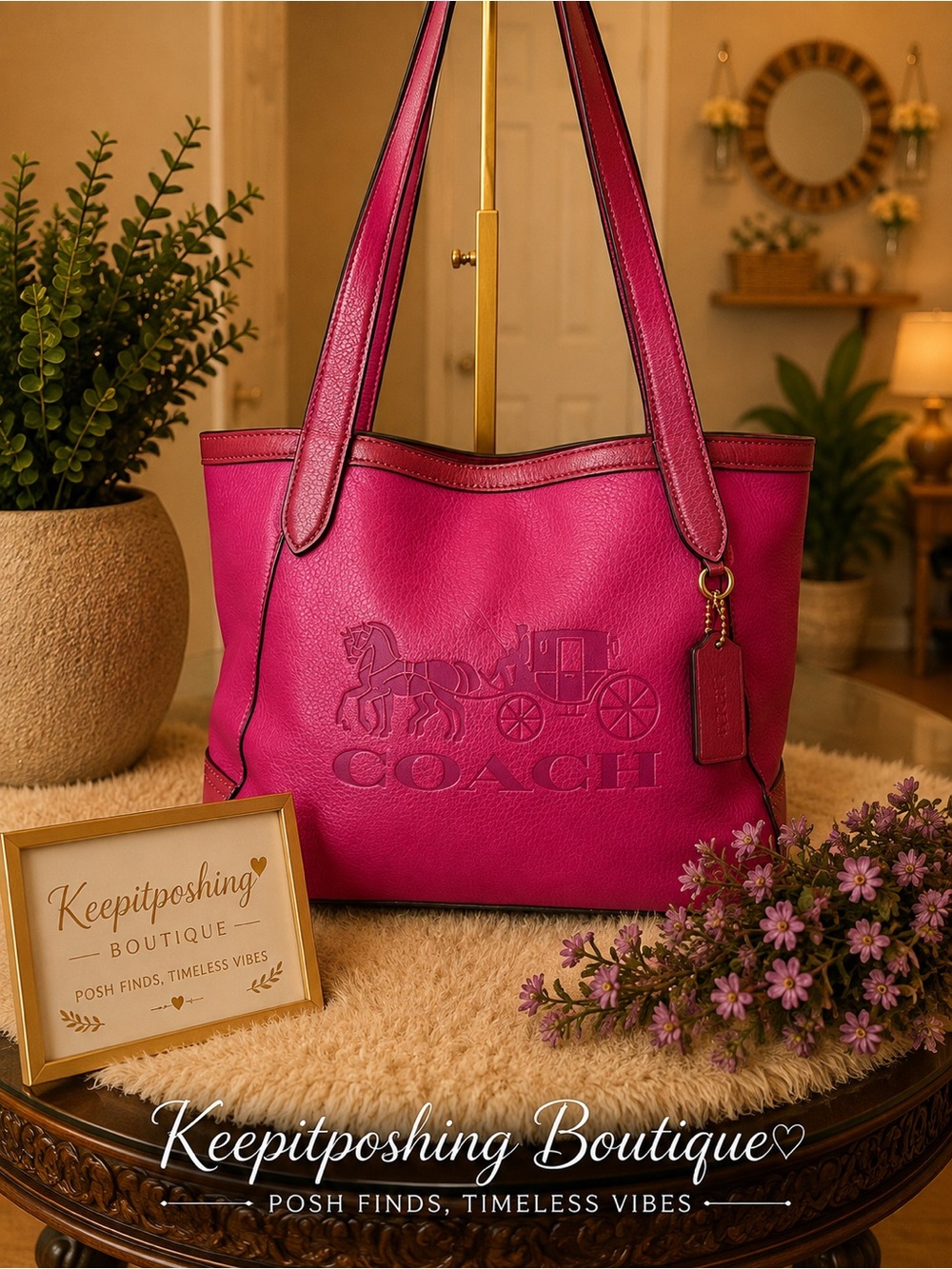 Coach Hot Pink Leather Tote with Embossed Carriage Logo